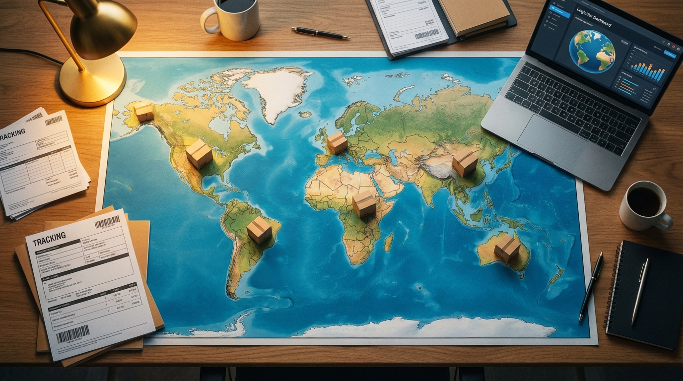 International shipping packages crossing borders around the world
